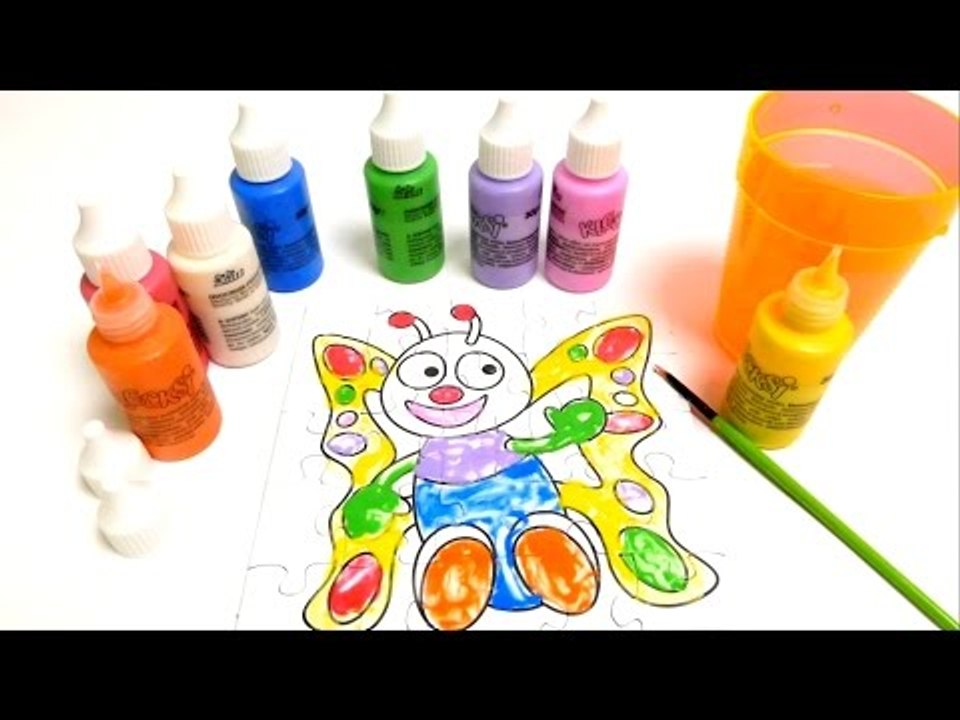 Finger Painting Colors - Coloring a Butterfly Puzzle - Painting School for Kids