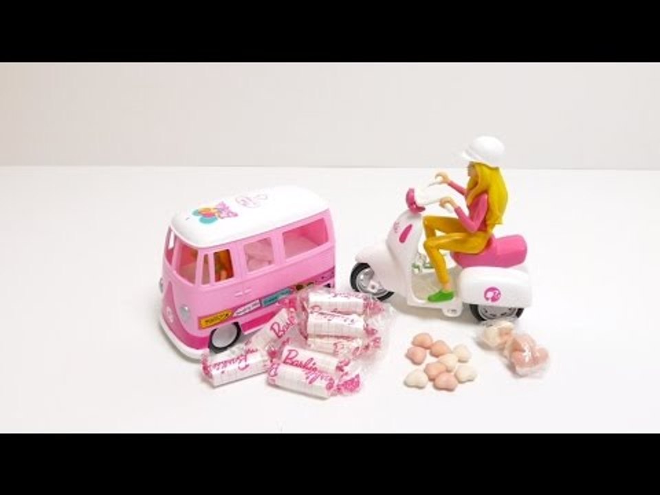 Barbie Vespa Scooter & Pinky VW Bully Van Toy with Candy