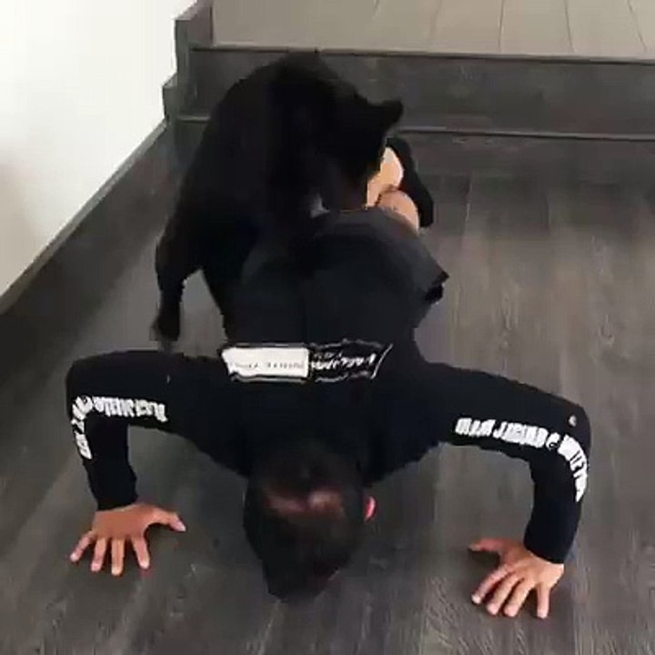 Doing push ups with cougar on the back