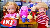 Frozen Kids Barbie Kelly Dolls Eat at DAIRY QUEEN at MiWorld Mall   Build-A-Bear & Elsa
