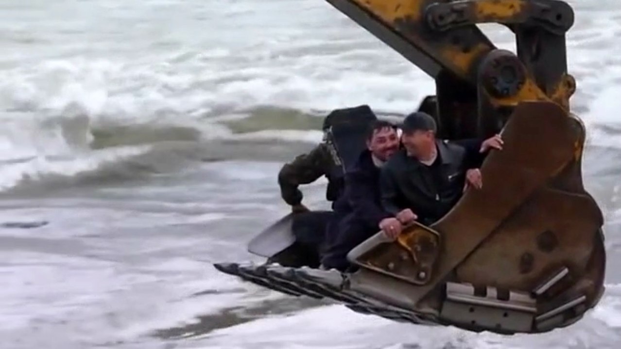 Russians Cross a River Using Two Excavators