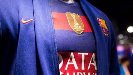 The world champions logo is in place on the FC Barcelona shirt