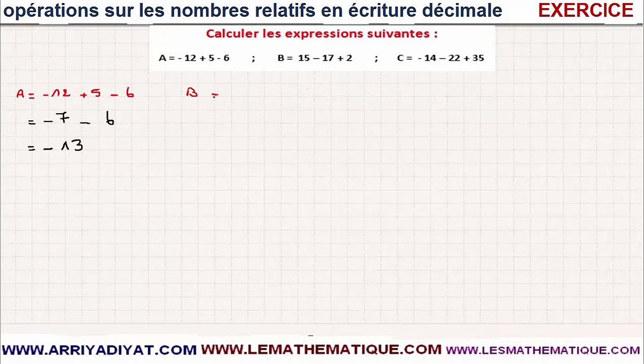 Maths 4ème - Les nombres relatifs en écriture décimale Exercice 2