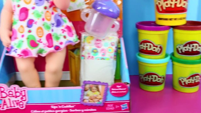 Baby Alive Sips n Cuddles Newborn Baby Doll Gets Play Doh Hair & Sticker Bottle DisneyCar