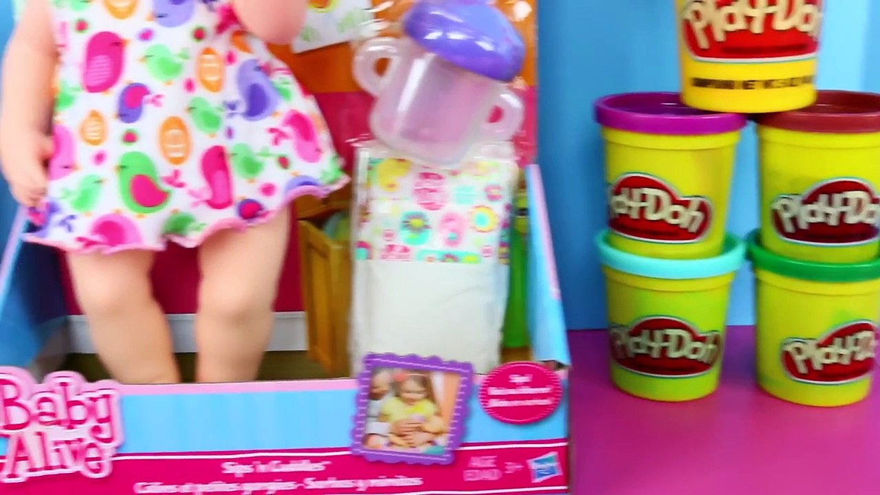 Baby Alive Sips n Cuddles Newborn Baby Doll Gets Play Doh Hair & Sticker Bottle DisneyCar