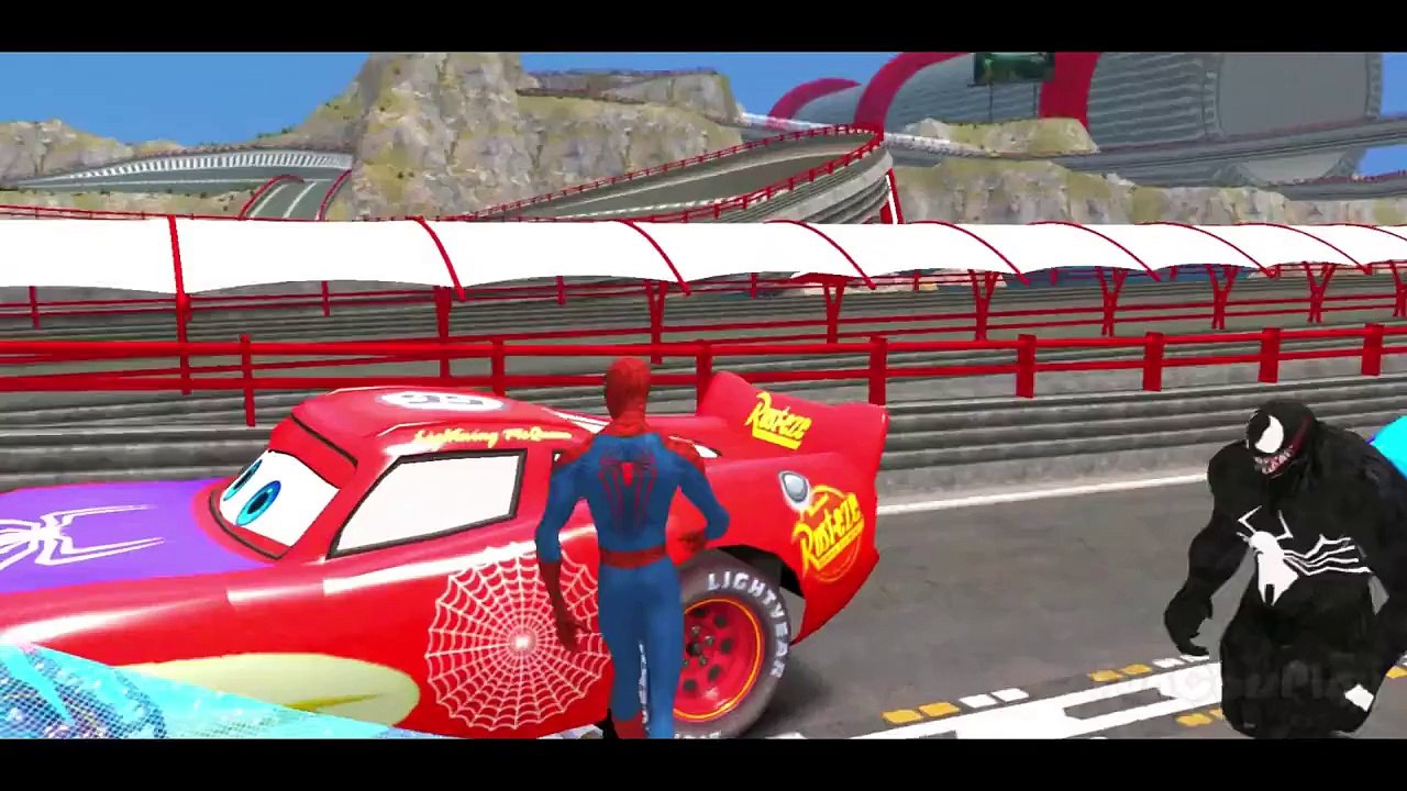 Spiderman & Disney Frozen VS Venom Race with Nursery Rhymes Songs Lightning McQueen Cars