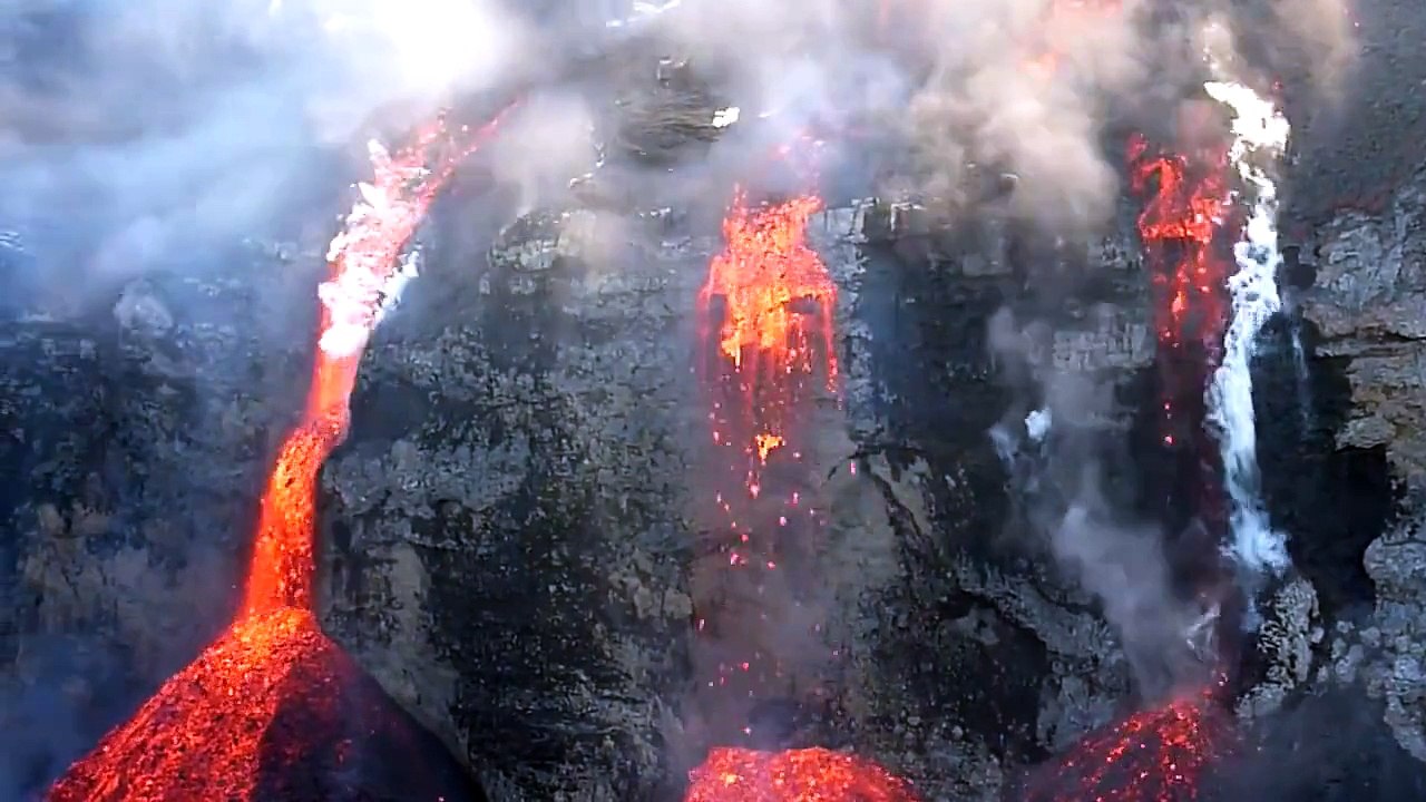 Lava falls from the Eyjafjallajökull volcano in Iceland