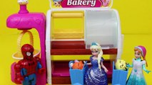 Shopkins Bakery Shopped by Frozen Elsa and Anna Dolls with Duplo Lego Spiderman Buying Shopkins