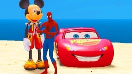 Mickey Mouse and Spiderman have fun with Lightning McQueen Cars