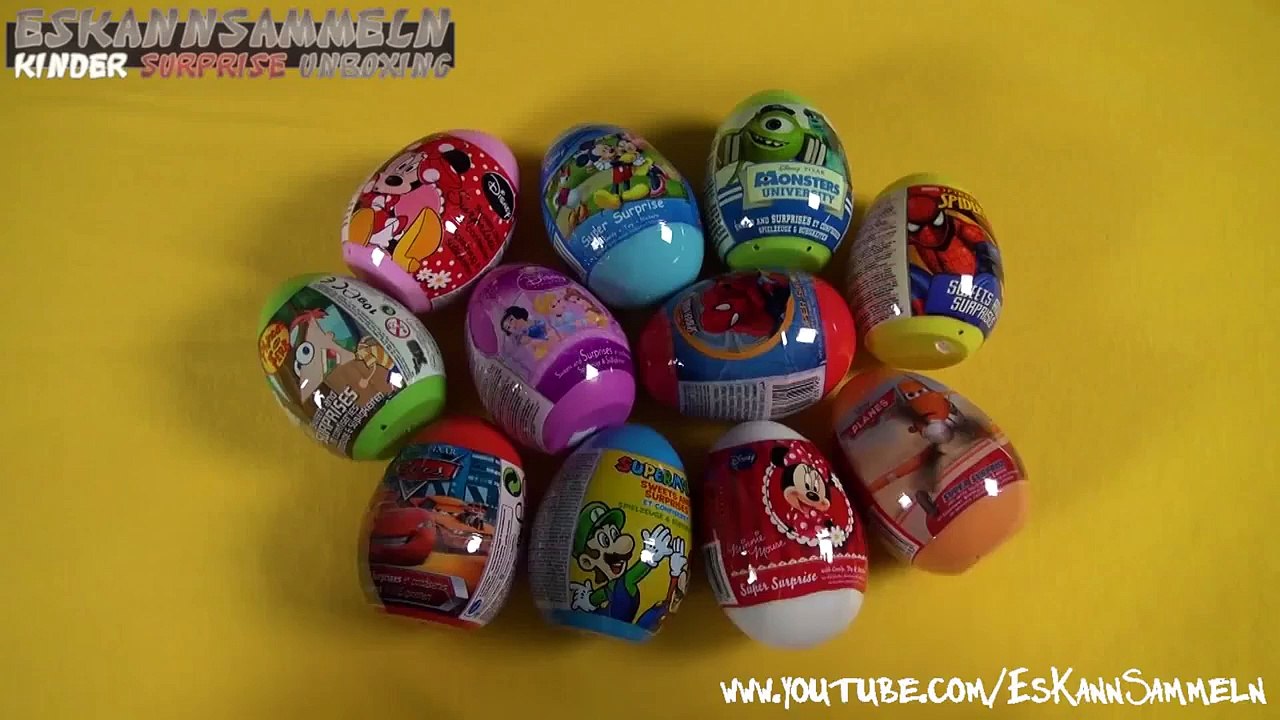 10+1 Surprise Eggs UNBOXING Super Mario Disney Monsters Spider Man Mickey Mouse Planes Car