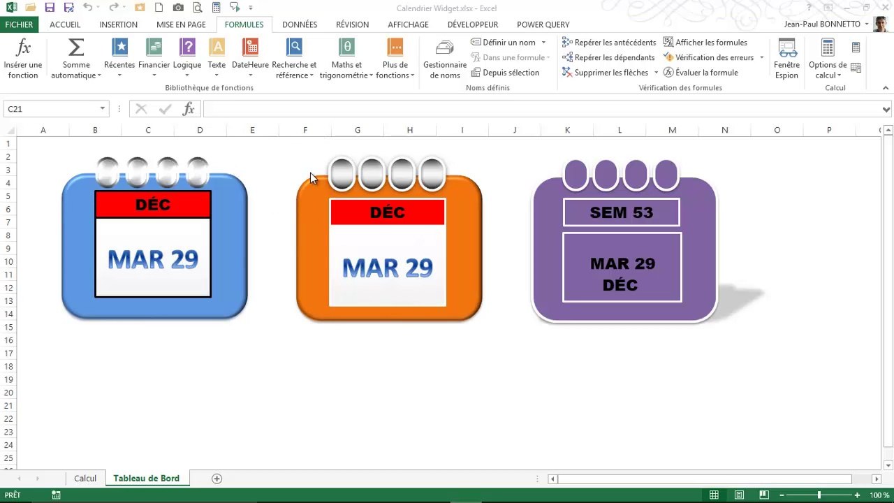 Excel - Comment réaliser un Calendrier sous la forme d'un Widget