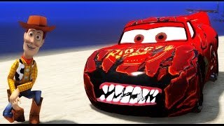 Toy Story Sheriff Woody plays with Disney Pixar Cars Lightning McQueen Custom Zombie