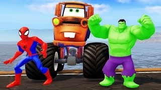 TOW MATER MONSTER TRUCK ! Spiderman & HULK + Nursery Rhymes (Songs for Kids with Action)