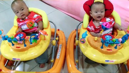4 Month Old Twin Babies First Time On Baby Walker