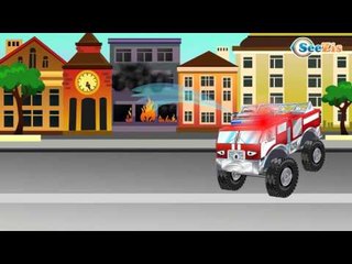 ✔ Monster Truck with friends - Ambulance and Fire Truck walking out of town. Car Cartoon for kids.