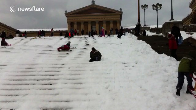 Skiing and Sledding the Philadelphia Art Museum Steps
