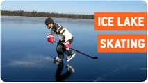 Hockey Player Skates on Frozen Clear Lake | Glassy