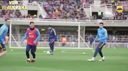 Lionel Messi Incredible nutmeg on to Javier Mascherano during Barcelona open training