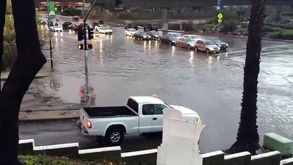 Lamborghini driving through San Diego flood