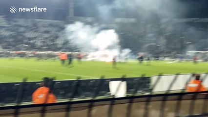 Riot police charge fans at Greek football match after pitch invasion