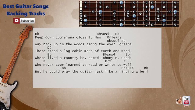 Johnny B Goode - Chuck Berry Guitar Backing Track with scale, chords and lyrics