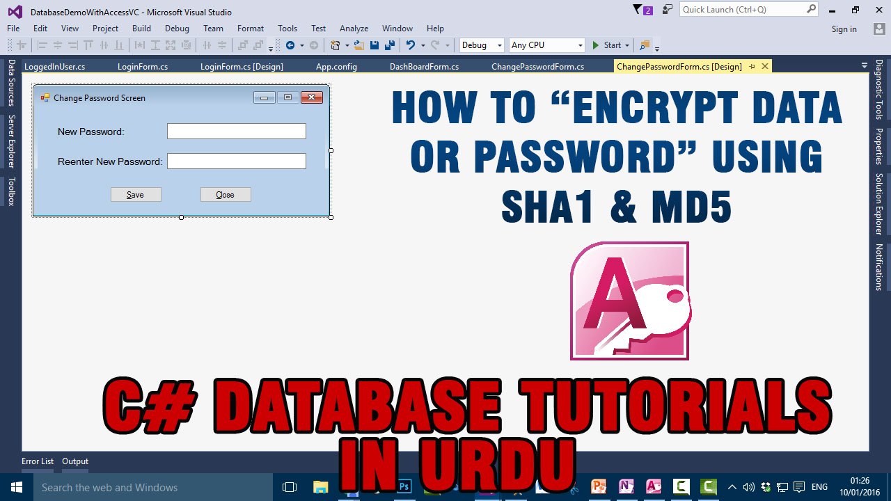 P(9) C# Access Database Tutorials In Urdu - Encrypt Data/Password using SHA1 & MD5