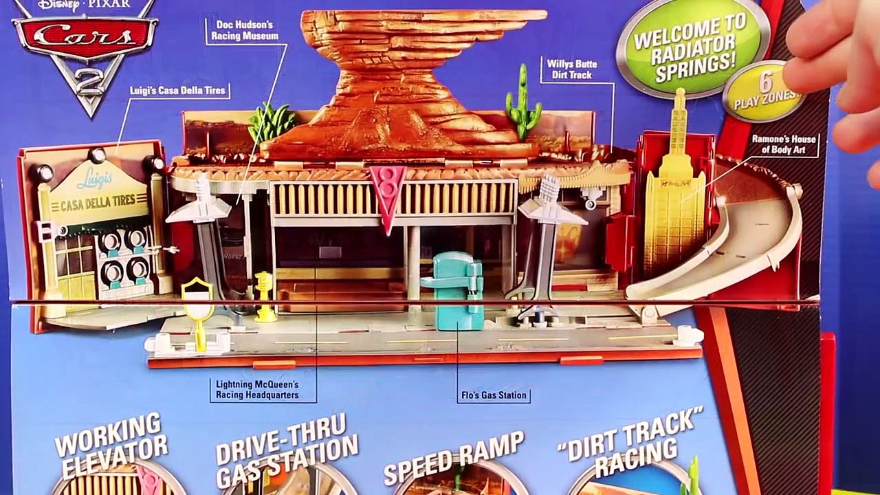 Disney Pixar Cars 2 Huge 2 Level Fold Out Radiator Springs Playset Lightning McQueen Luigi Guido