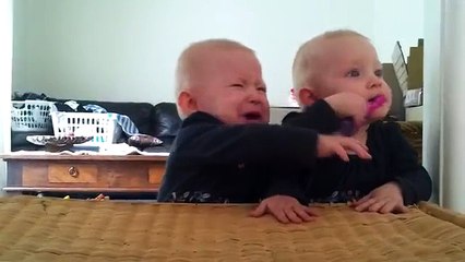 Twins fighting over a toothbrush