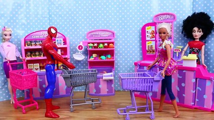 BARBIE ATTACKED BY SPIDERS!!! Spiderman & Doll Fight at Grocery Store Over Shopkins