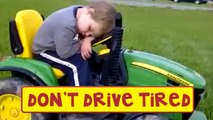 Tired Boy Falls Asleep While Driving Toy Tractor