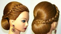 Hairstyle for medium long hair, bun updo with french braid