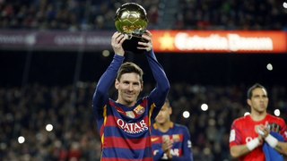 Lionel Messi presents his fifth FIFA Ballon d’Or to the fans at Camp Nou
