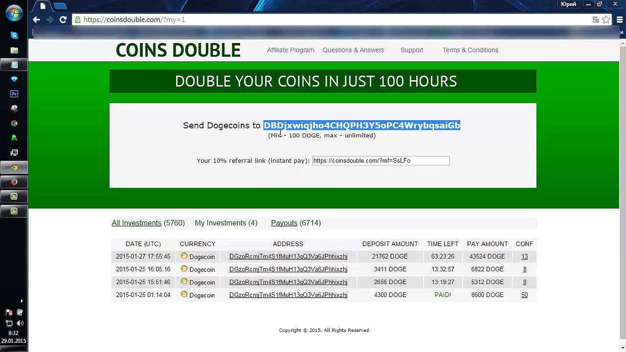 Отличный удвоитель Bitcoin, Dogecoin,Litecoin,Paycoin всего за 100 часов удвой свои деньги