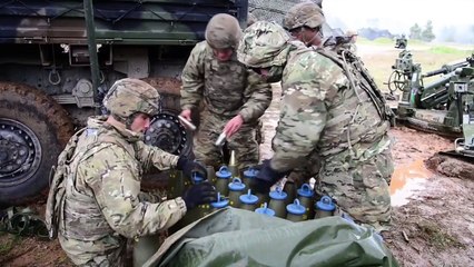 US Paratroopers Shooting Big and Powerful Weapons M320M2 .50calM777 Howitzer