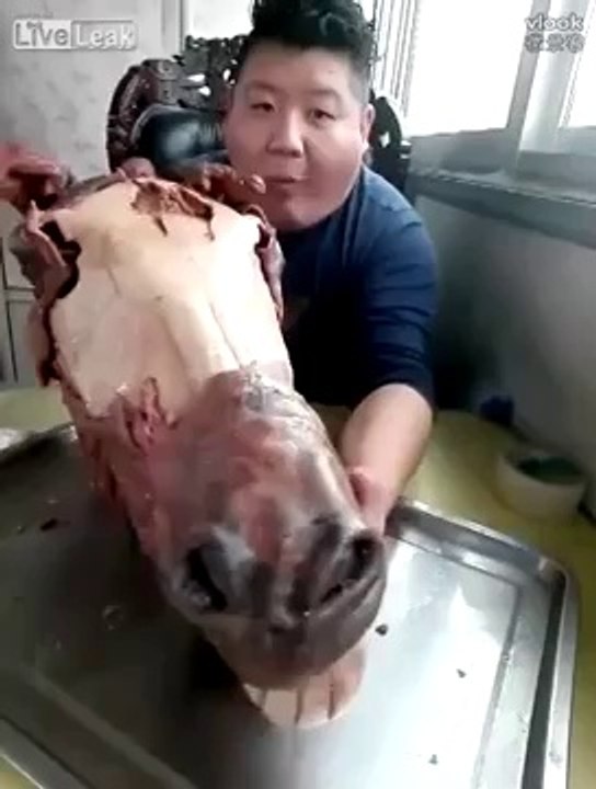 شاب يأكل رأس حمار كامل
