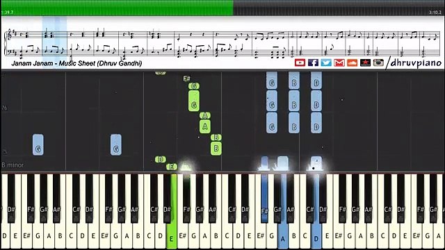 Janam-Janam-Dilwale-Arijit-Singh SRK Piano-Tutorial Music-Sheet MIDI-with-Lyrics