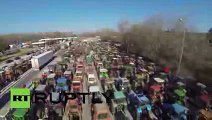 Greek farmers on tractors block highways to protest reforms (drone footage) 2016