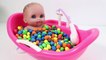Baby Doll Bath Time In M&M s Peanuts Candies Baby Twins Bathtime How to Bath a Baby Toy Videos