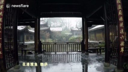 Beautiful aerial footage of snow-covered town in China