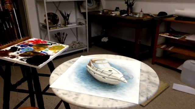 Drawing of an Yacht in 3D / Speed Painting (trick art)