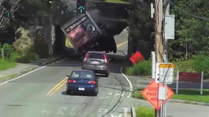 Low Hanging Bridge Obliterates Box Truck