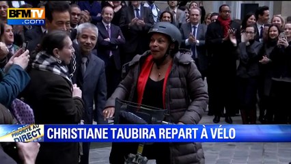 Christiane Taubira quitte le ministère de la Justice à vélo après la passation de pouvoir