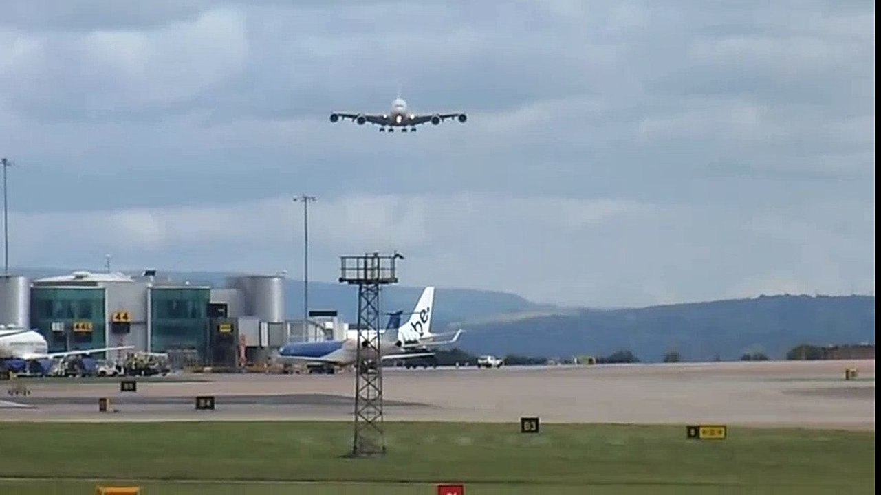 A380 Touch and Go (Aborted Landing) Manchester Airport July 11th 2012  Crosswind Landing