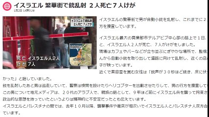 イスラエル　繁華街で銃乱射 ２人死亡７人けが　2016年1月2日