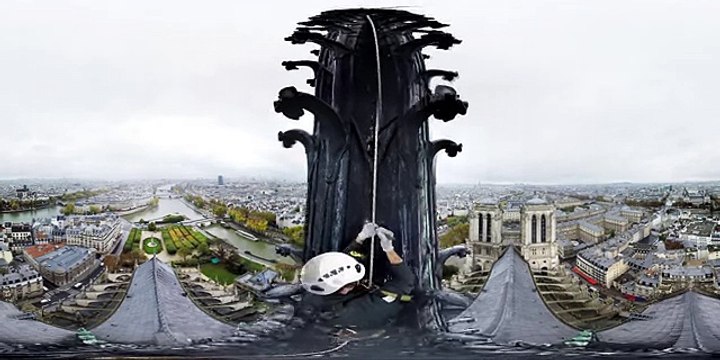 360 Video- Climbing spire of Notre Dame cathedral in Paris, France