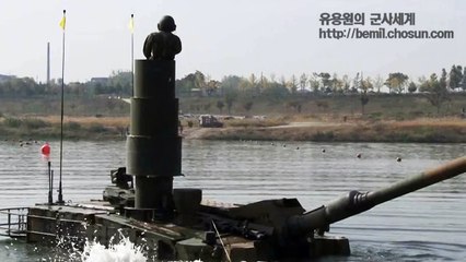 Republic of Korea Black Panther tank are crossing a river depth of 4.1 meters using snorkel system