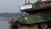 Republic of Korea Black Panther tank are crossing a river depth of 4.1 meters using snorkel system