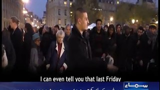 Paris attacks- Blindfolded Muslim man asks people to 'show him trust with a hug' after shootings