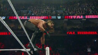Seth Rollins hits a flying elbow drop onto the announce table_ Slow Mo Replay from Royal Rumble 2015 (1080p)
