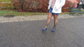 Blue skirt, blue shoes white jacket